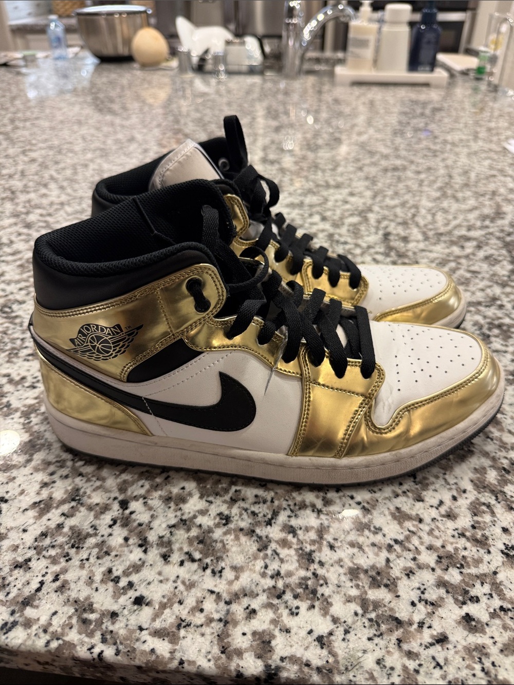 Jordan Mid-Top Sneakers in White, Gold & Black